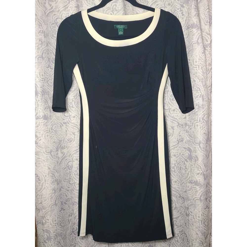 Lauren Ralph Lauren 10 Black Ivory Colorblock Ruched Sheath Lined Office Career